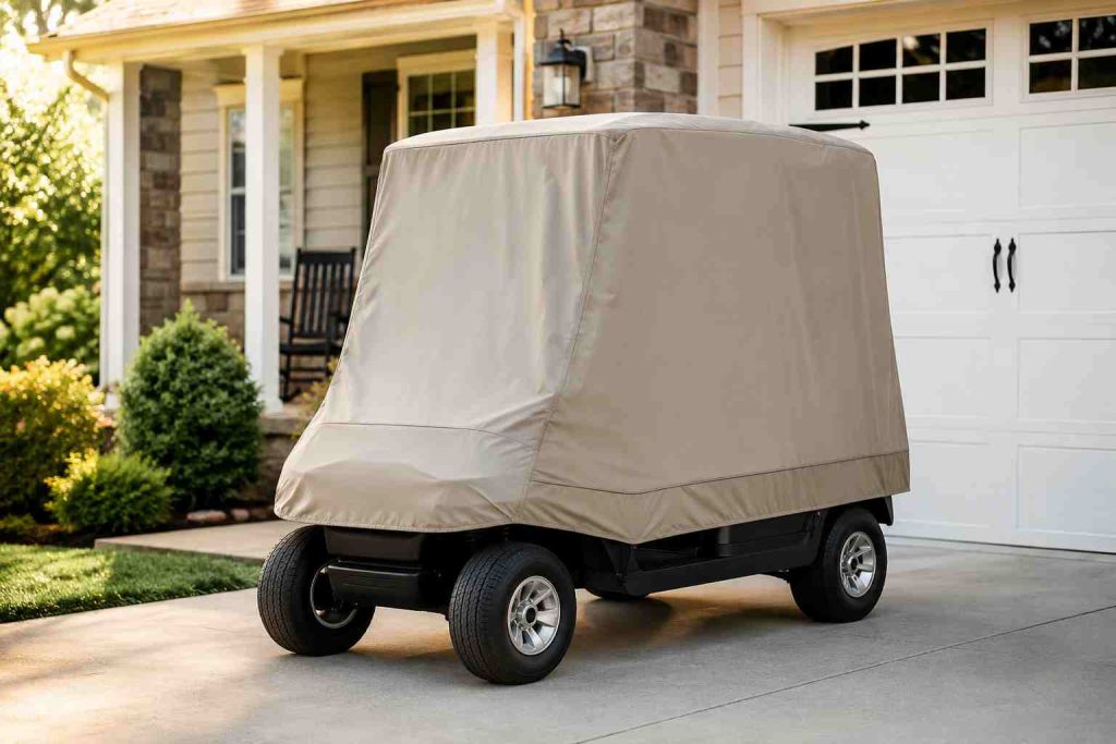 Photorealistic shot of a family use EZGO TXT 4 passenger cart with a storage cover on
