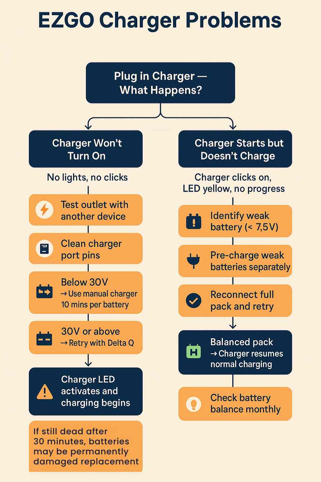 EZGO charger troubleshooting flowchart for a charger that will not turn on or will not charge