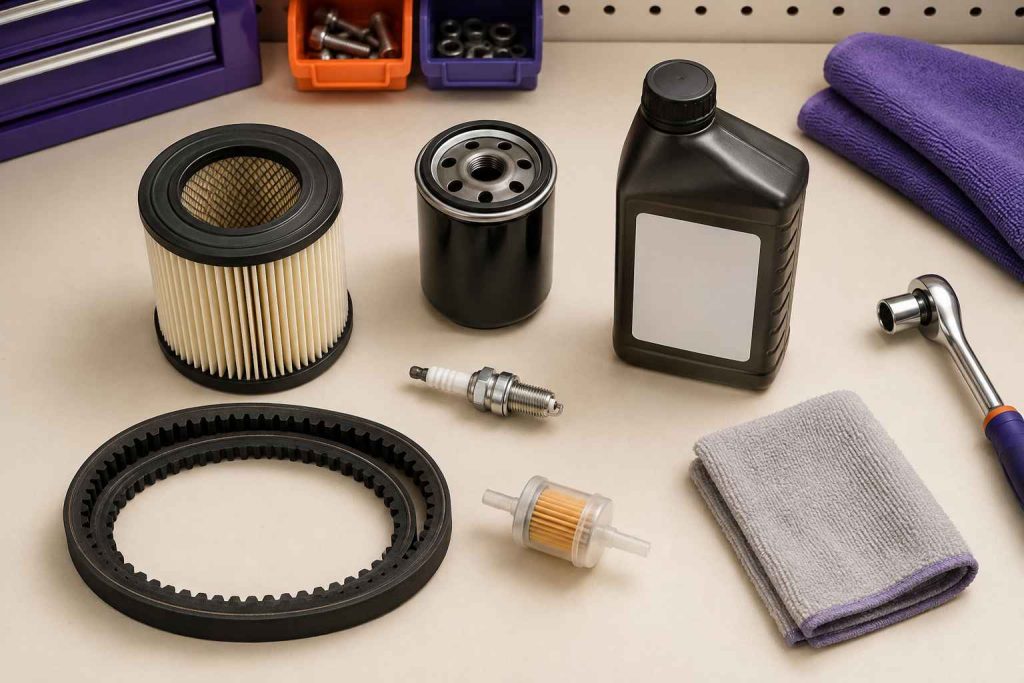 Neatly arranged workshop tools and supplies for EZGO gas motor service