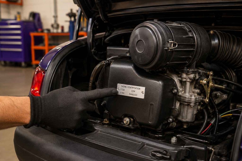Close up of an EZGO golf cart engine maintenance scene inside a clean workshop