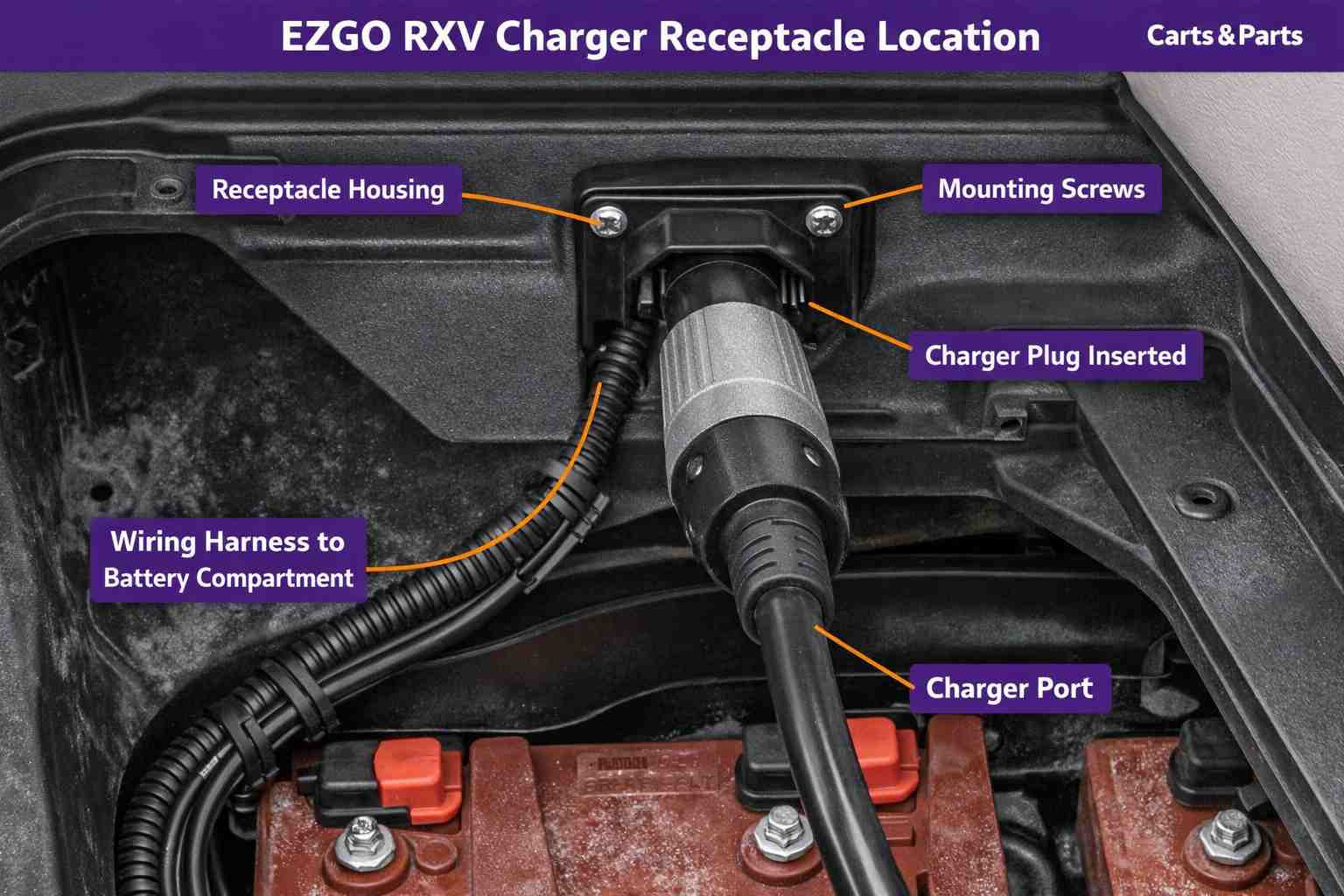 EZGO RXV charger receptacle location on the cart body