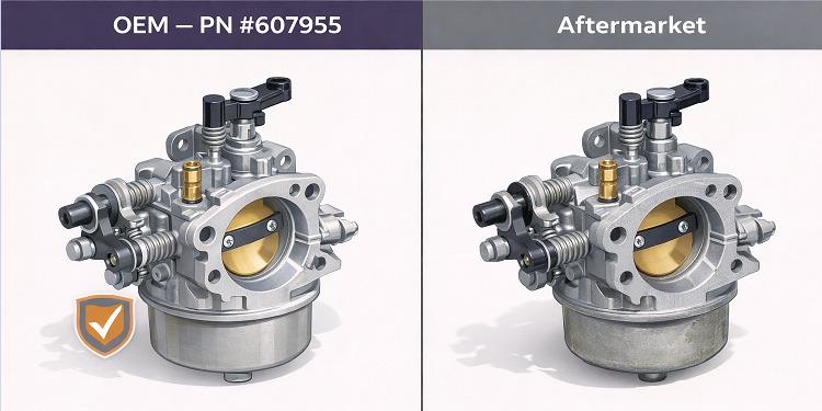 OEM EZGO carburetor SKU 607955 next to an aftermarket carburetor