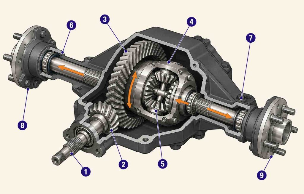 Cutaway illustration of an EZGO electric rear axle assembly showing the pinion, ring gear, differential carrier, and axle shafts