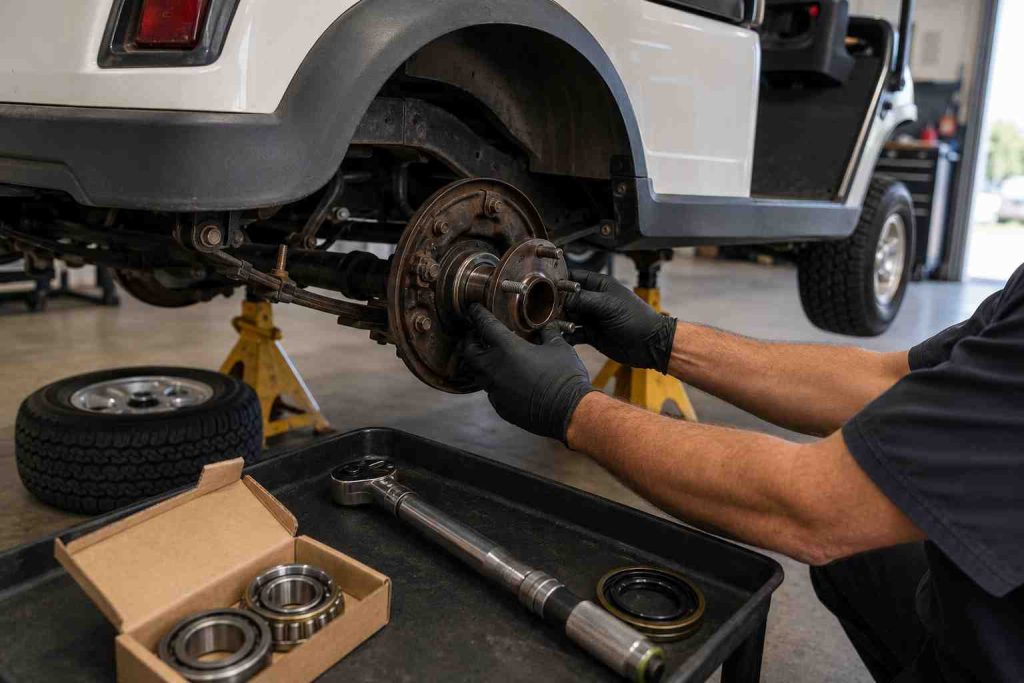 Technician torquing golf cart lug nuts with a torque wrench in a clean shop