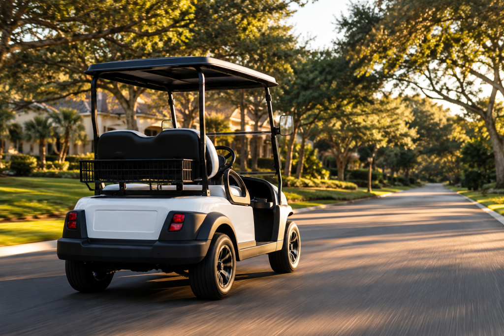 White and charcoal four passenger golf cart with rear suspension and axle visible