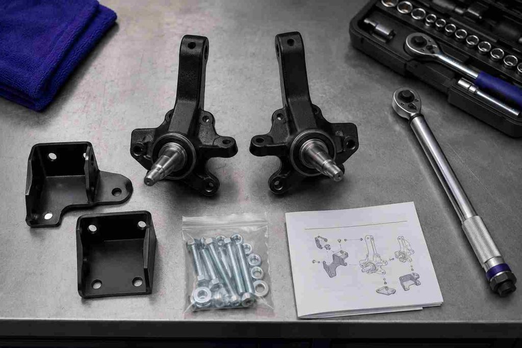 OEM EZGO lift kit components laid out on a workbench showing drop spindles and rear lift brackets