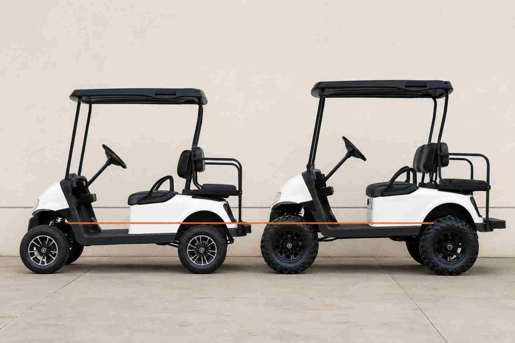 Side profile of two white EZGO RXV golf carts, one at stock height and one lifted