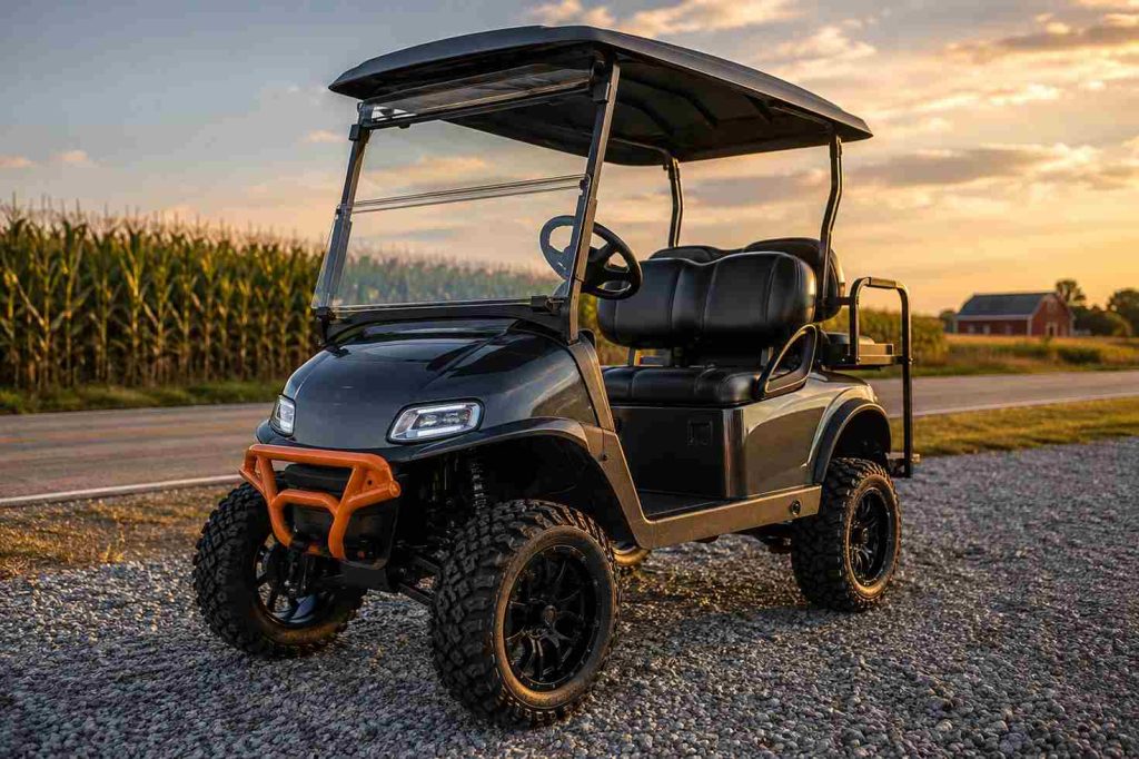 Freshly lifted metallic charcoal EZGO RXV golf cart with a 4 inch lift kit