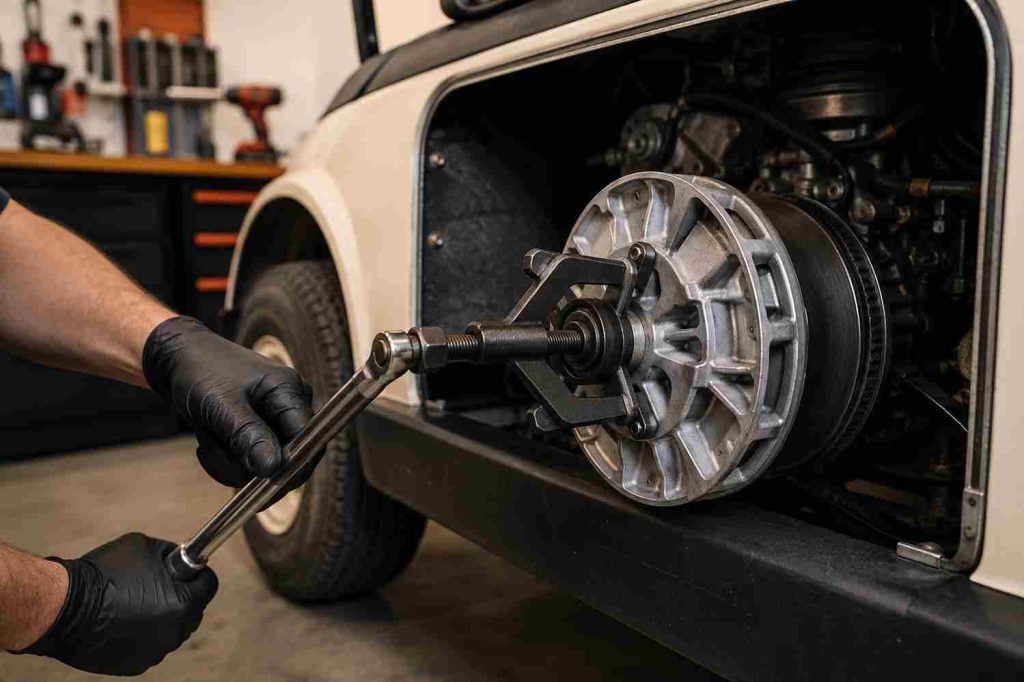 Clutch puller tool threaded into an EZGO primary clutch hub on a Kawasaki gas cart