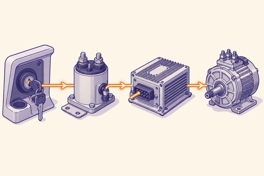 Diagram of an EZGO golf cart ignition signal path from key switch to solenoid to controller to motor
