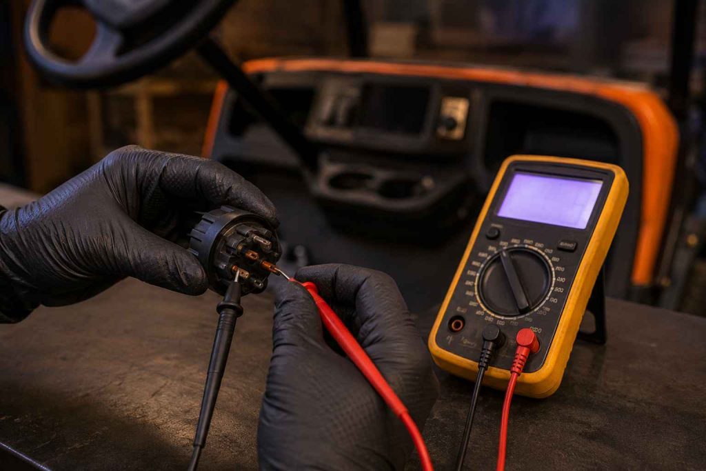 EZGO key switch next to a digital multimeter on a workshop bench for continuity testing