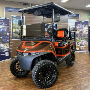 2027 E-Z-GO RXV Valor 4 Lifted • Gas • Root Beer with Orange Trim • Street-Ready and American-Built