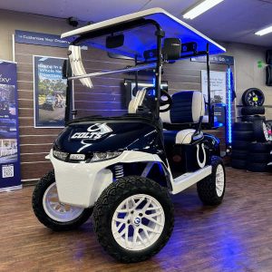 2027 E-Z-GO RXV Valor 4 Lifted • Gas • Patriot Blue with White Trim in Indianapolis Colts Theme • Street-Ready and American-Built